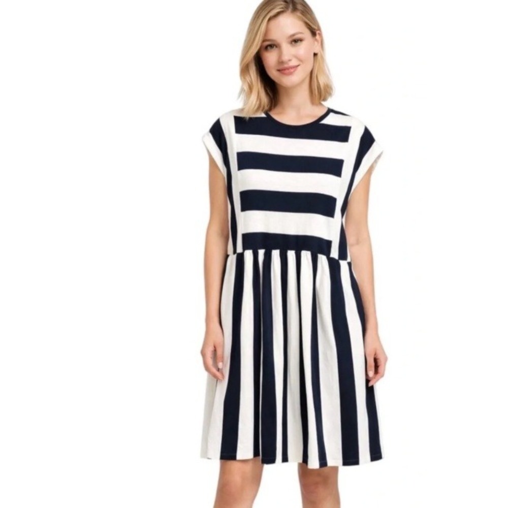 Boden Navy Blue White Striped Sleeveless Jersey Dress Pockets US 8R UK 12R